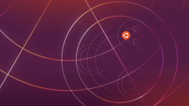 Ubuntu 23.10 (Mantic Minotaur), Stock, Glowing lines, Circles, Purple background