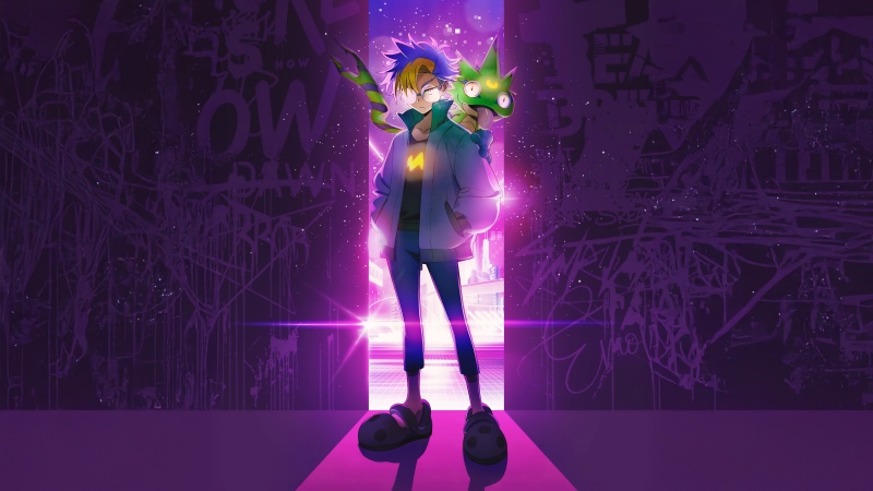 Digimon Beatbreak, Tomoro Tenma, Animated series, 2025 series, 5K, Neon pink, Wallpaper