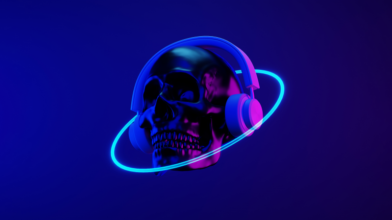 Dubstep, Skull, Headphones, Neon art, Synthwave, 5K, Dark blue, Wallpaper