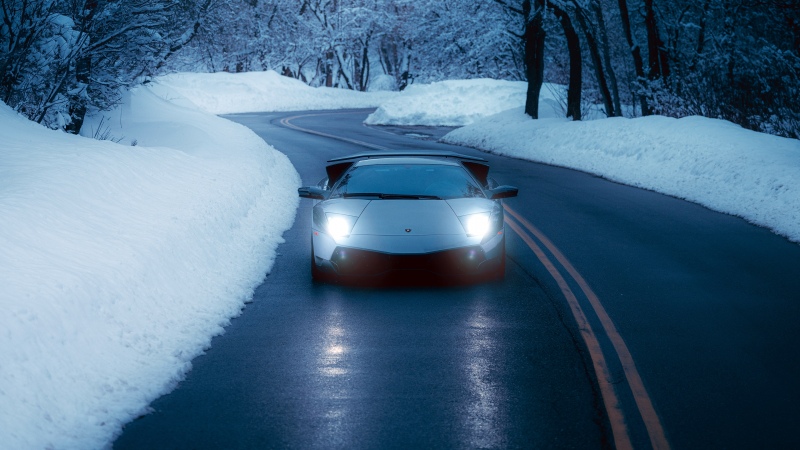 Lamborghini Murcielago, Winter Road, Snowy road, Sports cars, Headlights, Blue aesthetic, 5K, Wallpaper