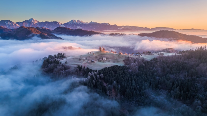 Slovenia, Landscape, Hilltop, Mountains, Church, Clouds, Mountain Landscape, Sunrise
