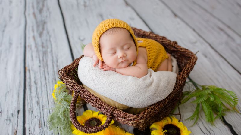 Newborn, Crochet baby costume, Yellow Dress, Sleeping baby, Basket, Sunflowers, Wooden Floor, Cute Baby, Green leaves, 5K, Wallpaper