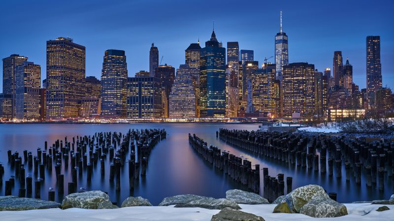 Manhattan, New York City, City lights, Cityscape, Blizzard, Night, Winter, Wallpaper