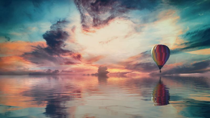 Hot air balloon, Multicolor, Colorful Sky, Water, Reflection, Clouds, Sky view, Aesthetic, 5K, 8K, Wallpaper