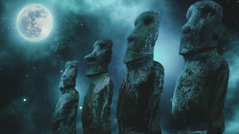 Moai statues, Easter Island, Full moon, Stars, Night sky, 5K, 8K, Wallpaper
