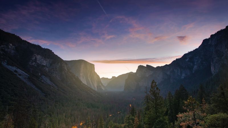 Yosemite Valley, Mountain range, Pine trees, Dawn, Clear sky, 5K, Wallpaper