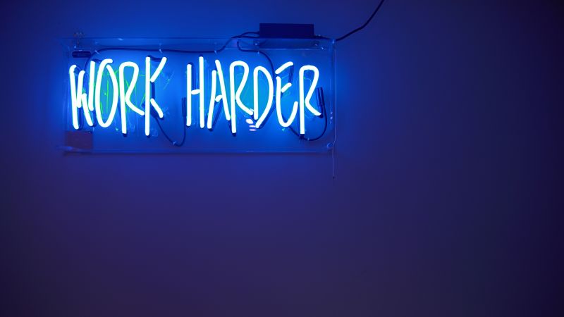 Work harder, Neon Lights, Blue background, Motivational, Wallpaper