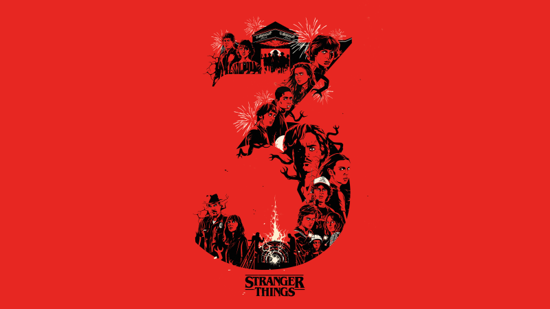 Stranger Things Season 3, 5K, Red background, Netflix series, Illustration, Wallpaper