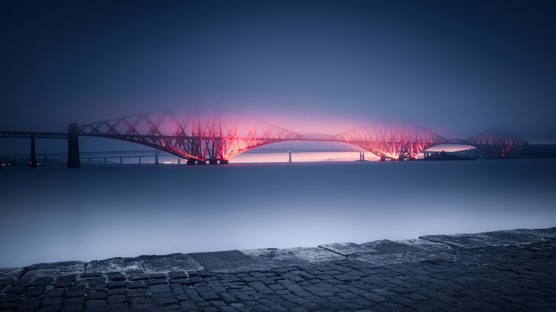 Forth Bridge, United Kingdom, UNESCO World Heritage Site, Queensferry, Sunset, River, Night, Railway Bridge, Cantilever bridge, Purple light, Fog, 5K, Wallpaper