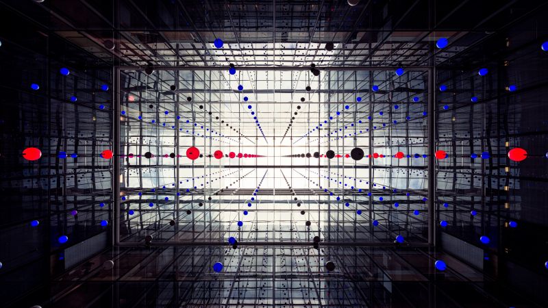 Glass building, Spheres, Modern architecture, Interior, Symmetrical, Office, Look up, Skylight, 5K, Wallpaper