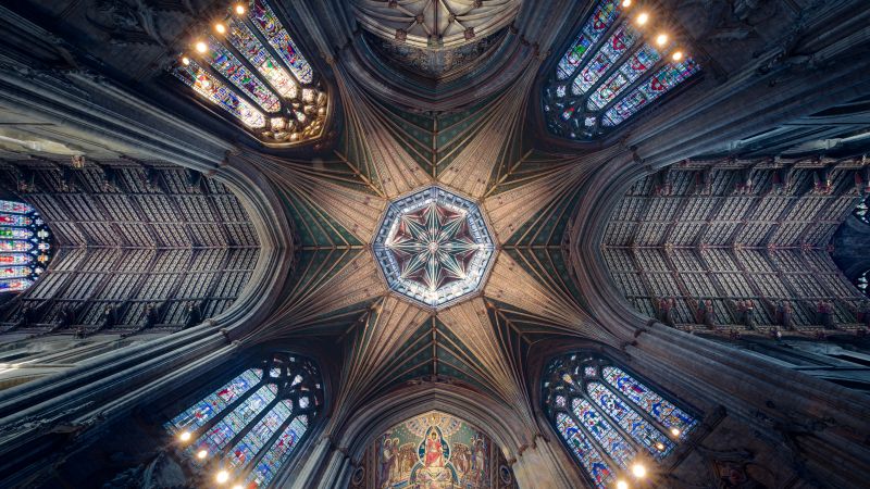 Ely Cathedral, Ancient architecture, Cathedral, Dome, Stained glass, United Kingdom, Indoor, Ceiling, Lights, Patterns, 5K, 8K, Wallpaper