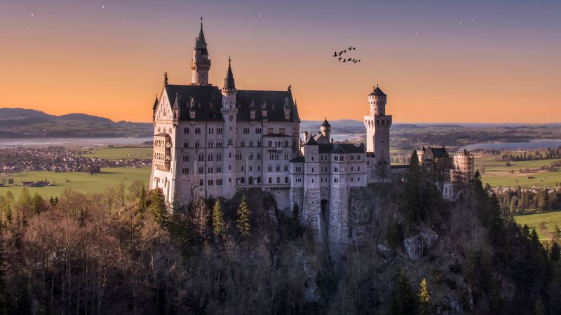 Neuschwanstein Castle, Germany, Landscape, Starry sky, Ancient architecture, Astronomy, Stars, Outer space, 5K, Wallpaper