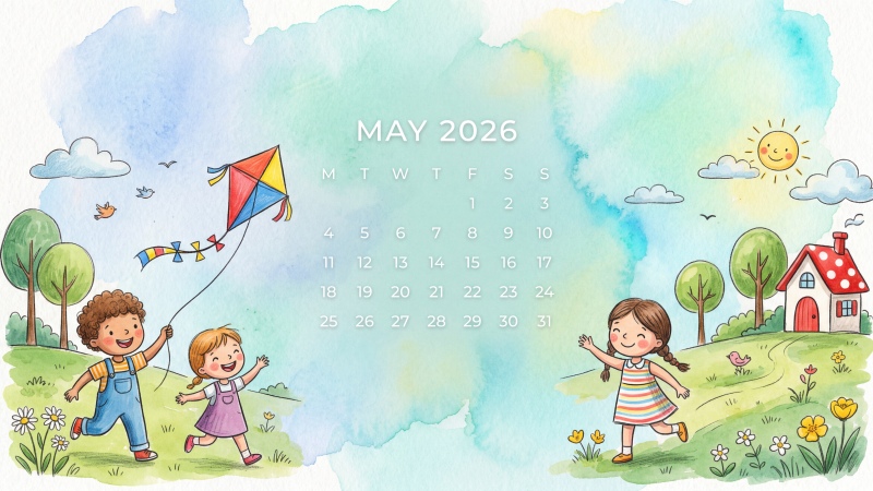May 2026 Calendar, Watercolor illustration