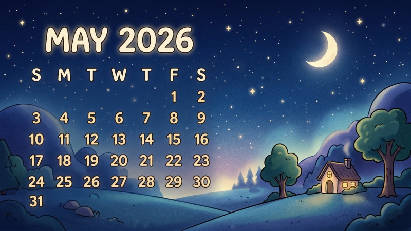 May 2026 Calendar, Cartoonish night scene