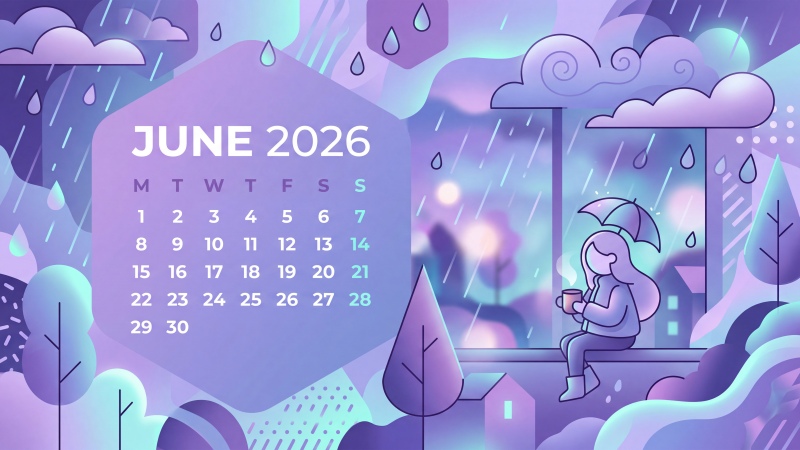June 2026 Calendar, Rainy day wallpaper