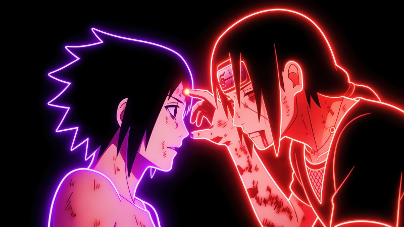 Itachi Uchiha, Sasuke Uchiha, Neon art, Neon glow, Black background, 5K
