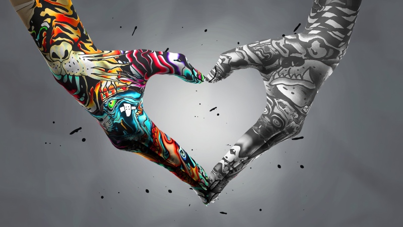 Heart shape, Graffiti, Heart symbol, Tattoo, Colorful, Grayscale, Love heart, 5K