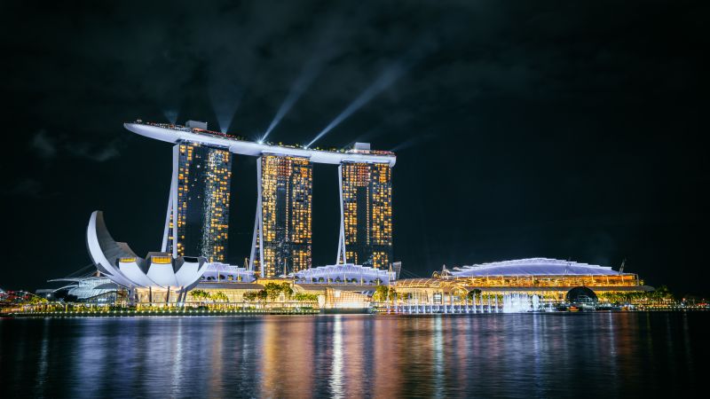 Marina Bay Sands, Hotel, Singapore, Night life, City lights, Body of Water, Reflection, Light beam, Dark, Modern architecture, Cityscape, 5K, Wallpaper