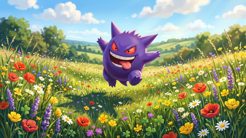 Gengar, Pokémon, Meadow, Wildflowers, Sunny, Cartoon
