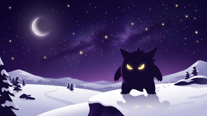 Pokémon, Gengar, Winter, Night sky, Landscape, Fantasy, Purple