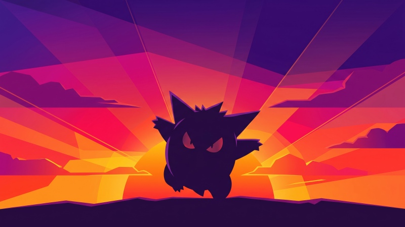 Pokémon Gengar, Sunset, Minimalist, Gradient background