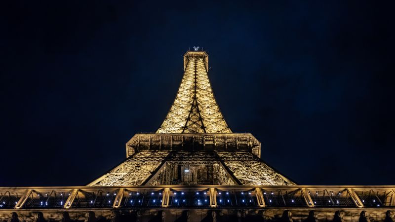 Eiffel Tower, Paris, France, Dark background, Night, Lights, Low Angle Photography, Steel Structure, Iconic, 5K, Wallpaper
