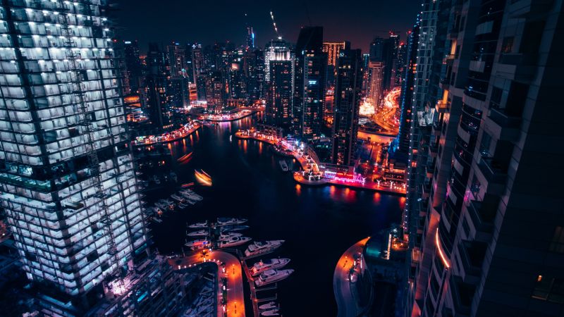 Dubai Marina, United Arab Emirates, Boats, Cityscape, Modern architecture, Night time, City lights, Aerial view, 5K, Wallpaper