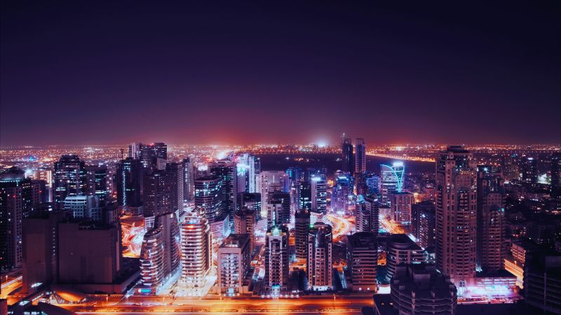 Dubai City, United Arab Emirates, City Skyline, Cityscape, Night time, City lights, Skyscrapers, Modern architecture, 5K, Wallpaper