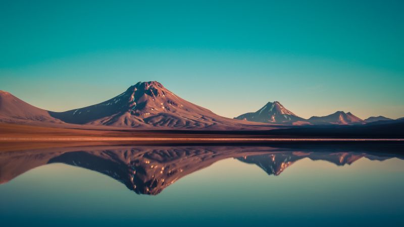 Laguna Lejia, Salt Lake, Chile, Mountains, Blue Sky, Reflection, Body of Water, Mountain range, Volcano, Lejía Lake, Landscape, Sunset, 5K, Wallpaper