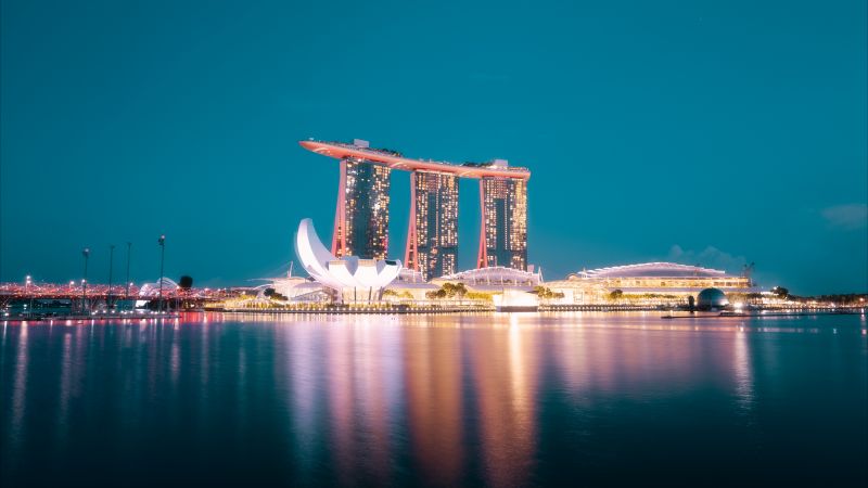 Marina Bay Sands, Hotel, Singapore, Blue hour, Night life, City lights, Body of Water, Reflection, Modern architecture, Cityscape, Blue Sky, 5K, Wallpaper