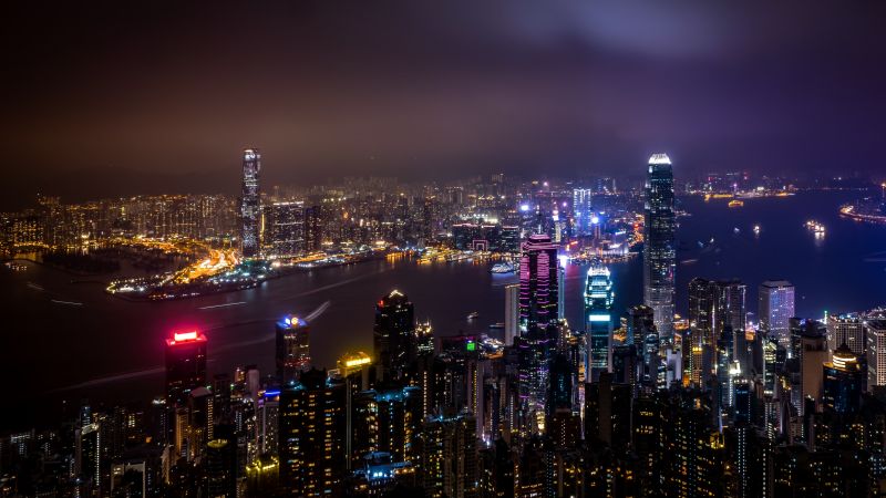 Hong Kong City Skyline, Body of Water, Skyscrapers, Night time, Cityscape, Aerial view, City lights, River, 5K, Wallpaper