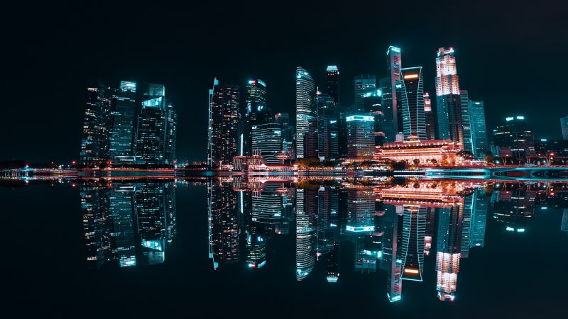 Singapore City, Skyscrapers, Modern architecture, Night life, City lights, Reflection, Symmetrical, Buildings, Body of Water, 5K, Wallpaper