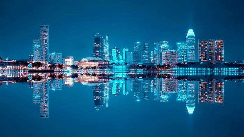 City Skyline, Singapore, Blue hour, Night life, Cityscape, Reflection, Symmetrical, Body of Water, Skyscrapers, Blue Sky, City lights, Modern architecture, 5K, Wallpaper