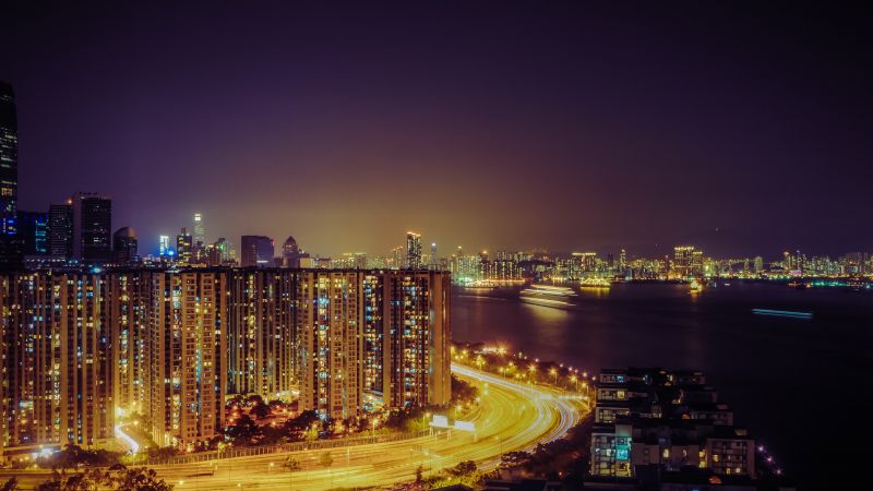 Quarry Bay Park, Hong Kong City, Cityscape, Night time, City lights, Highway, Buildings, Skyscrapers, Sea, Purple sky, Body of Water, Wallpaper