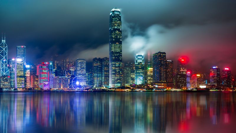 Hong Kong City, Skyline, Body of Water, Reflection, Skyscrapers, Modern architecture, Cityscape, Night lights, Scenic, 5K, 8K, Wallpaper