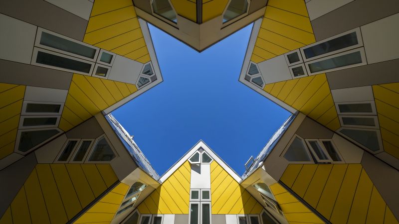 Cube Buildings, Rotterdam, Netherlands, Yellow, Geometrical, Symmetry, Blue Sky, Look up, Wallpaper