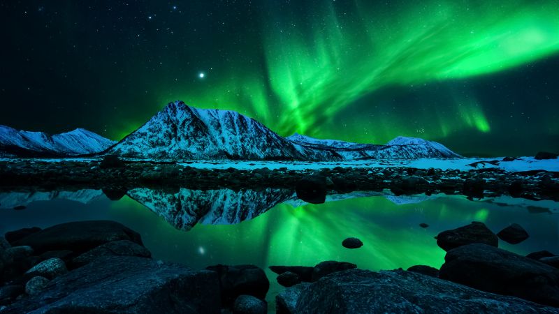 Aurora Borealis, Northern Lights, Night, Mountains, Cold, Lake, Reflection, Starry sky, 5K, Wallpaper