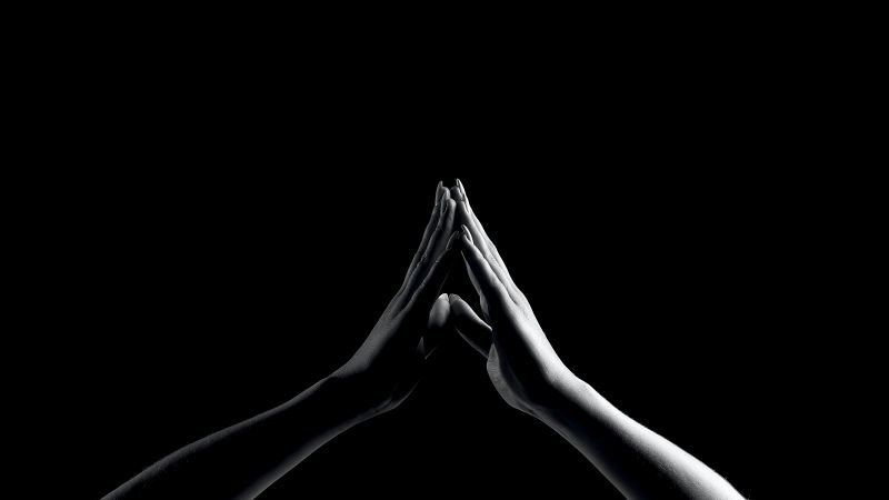 Praying Hands, Hands together, Monochrome, Black background, 5K, Wallpaper