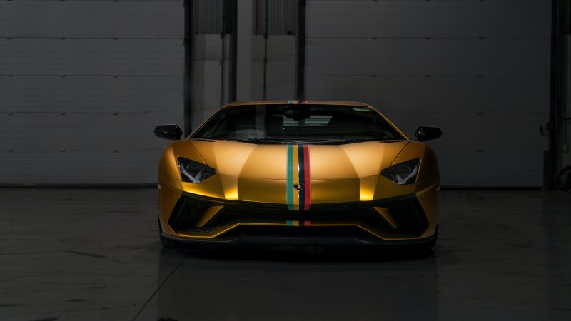 Lamborghini Aventador, Sports cars, Golden yellow, Dark background, 5K, 8K, Wallpaper