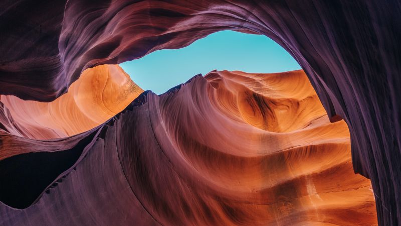 Lower Antelope Canyon, Arizona, United States, Rock formations, Tourist attraction, Blue Sky, Scenery, Wallpaper