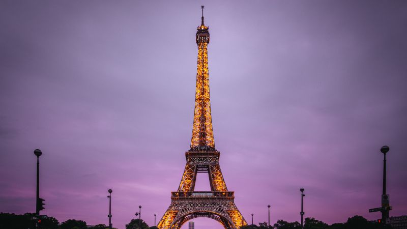 Eiffel Tower, Paris, France, Evening, Purple sky, Lights, Iconic, Aesthetic, Wallpaper