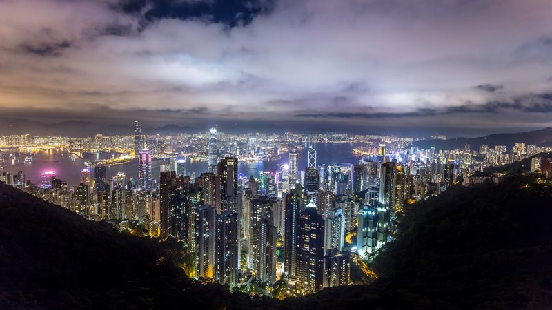 Hong Kong City, Skyline, River, Night time, Skyscrapers, Clouds, Cityscape, 5K, Wallpaper