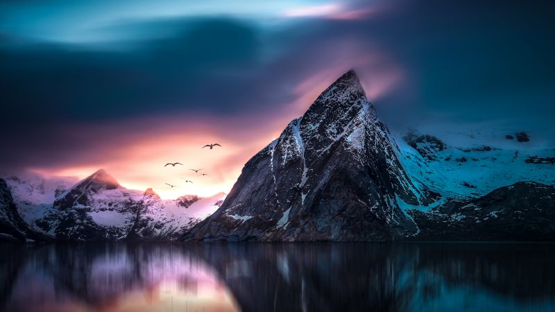 Mountains, Peak, Lake, Reflection, Winter, Cold, Sunset, Scenic, Wallpaper