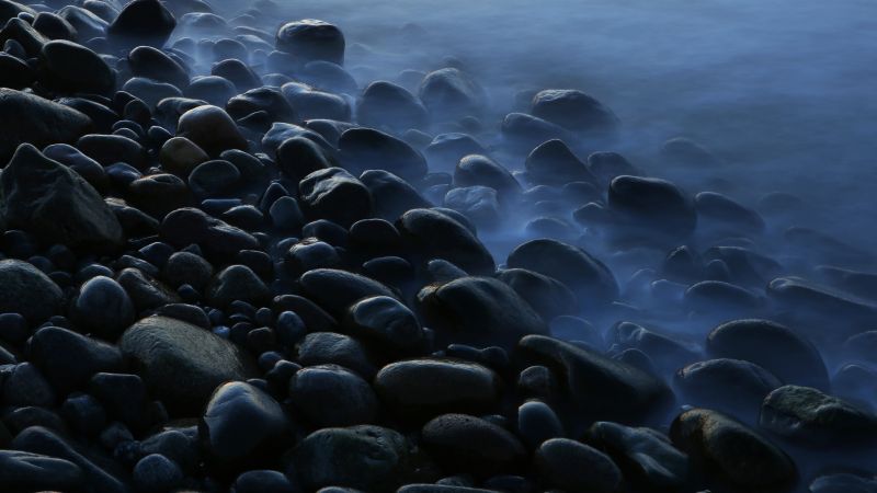 Stones, Pebbles, Seashore, Foggy, Mist, Dark, 5K, Wallpaper
