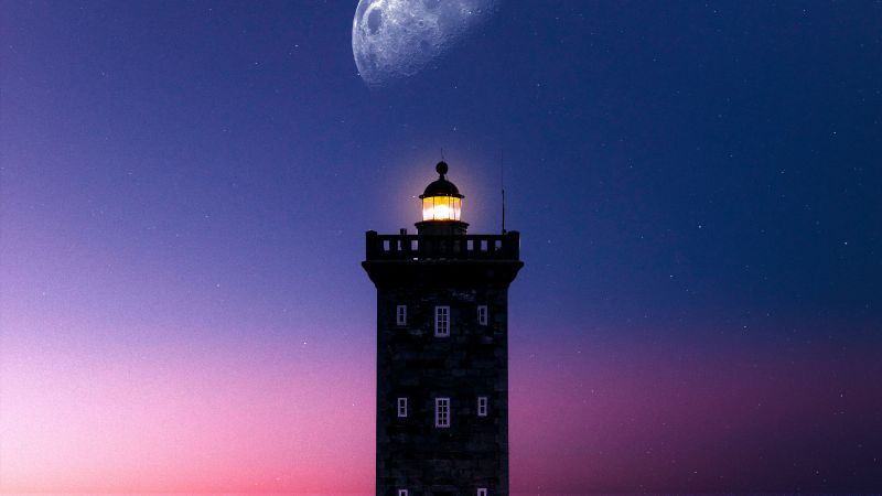 Lighthouse, Moon, Sunset, Evening, Wallpaper