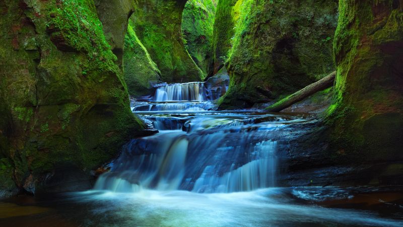 Finnich Glen, River, Waterfall, Stream, Green, Scotland, Tourist attraction, Landscape, Wallpaper