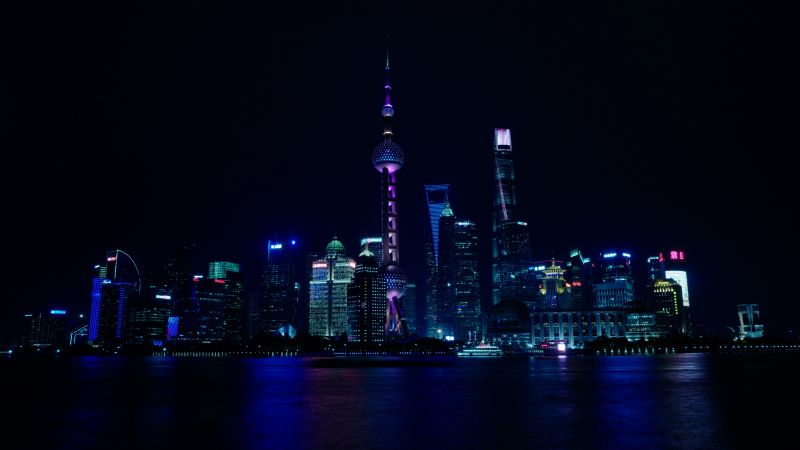 Shanghai City, China, Cityscape, Body of Water, Reflection, Night time, City lights, Skyscrapers, Dark background, 5K, Wallpaper