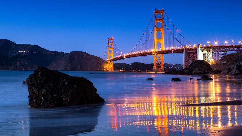 Golden Gate Bridge, Reflection, Body of Water, Night lights, Blue Sky, Clear sky, Landscape, Dusk, Rocks, 5K, Wallpaper