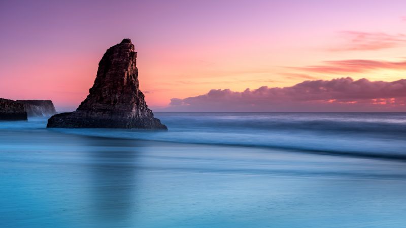Ocean blue, Purple sky, Clouds, Seascape, Davenport, California, United States, Scenery, Sunset, Island, Cliff, 5K, 8K, Wallpaper