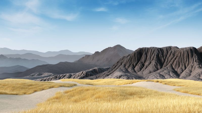 Mountains, Clear sky, Grass field, Landscape, Microsoft Surface Hub 2, Stock, Wallpaper